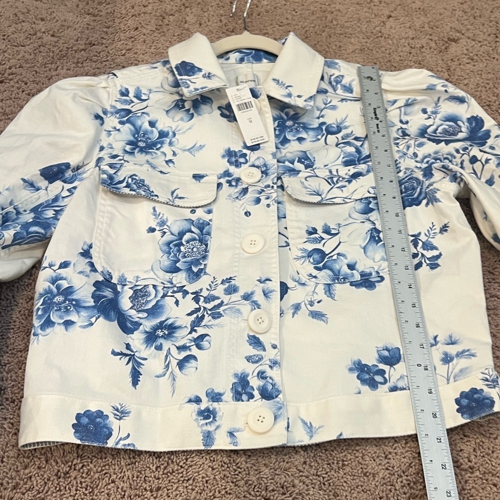 NWT new medium Anthropologie puff sleeve denim jean blue floral utility jacket - Picture 14 of 16